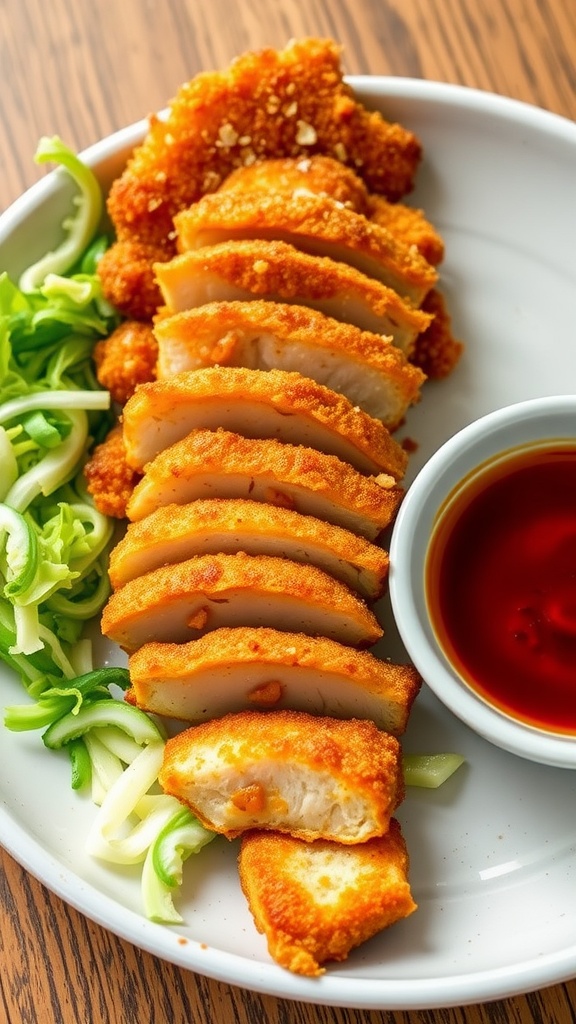 Crispy pork tonkatsu on a plate with sauce and shredded cabbage.
